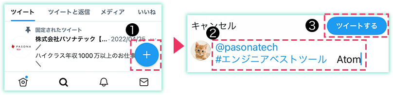 Twitterのツイートアイコンを押してツイート内容を書いてツイートボタンを押す手順のスクリーンショット